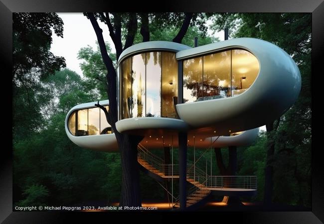 A futuristic tree house created with generative AI technology. Framed Print by Michael Piepgras