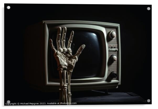 A hand reaching out at an old television created with generative Acrylic by Michael Piepgras