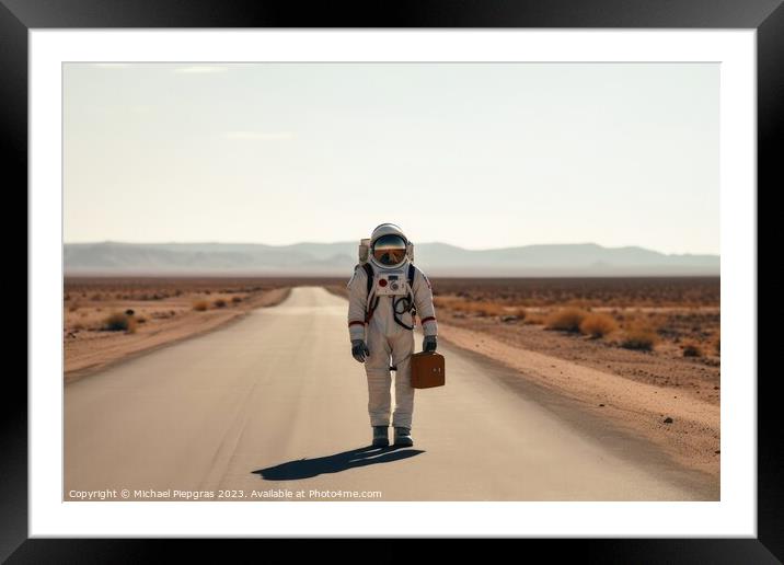 A hitchhiking astronaut on a lonely road created with generative Framed Mounted Print by Michael Piepgras
