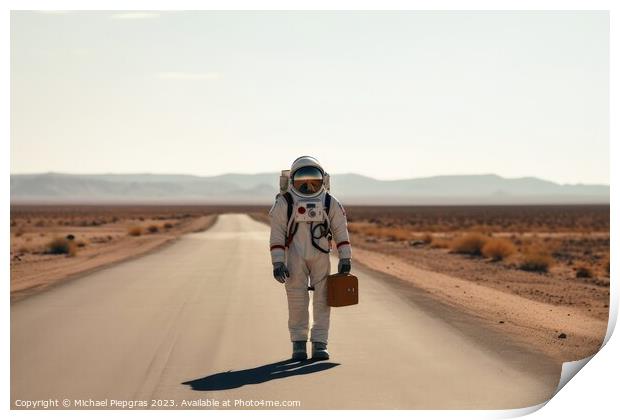 A hitchhiking astronaut on a lonely road created with generative Print by Michael Piepgras
