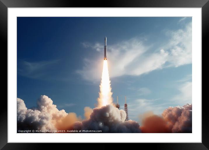 A modern rocket launching from earth created with generative AI  Framed Mounted Print by Michael Piepgras