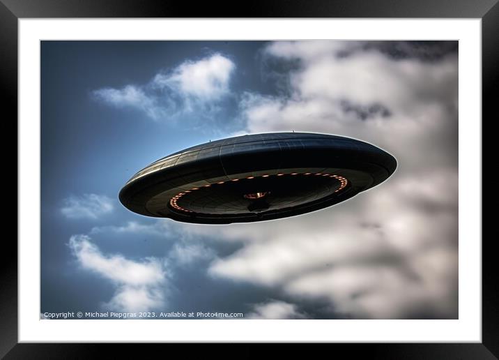 A big UFO in the sky created with generative AI technology. Framed Mounted Print by Michael Piepgras