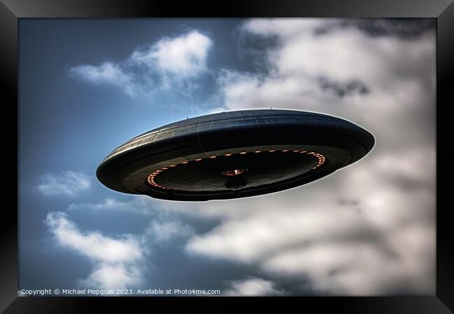 A big UFO in the sky created with generative AI technology. Framed Print by Michael Piepgras