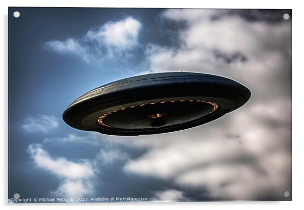A big UFO in the sky created with generative AI technology. Acrylic by Michael Piepgras