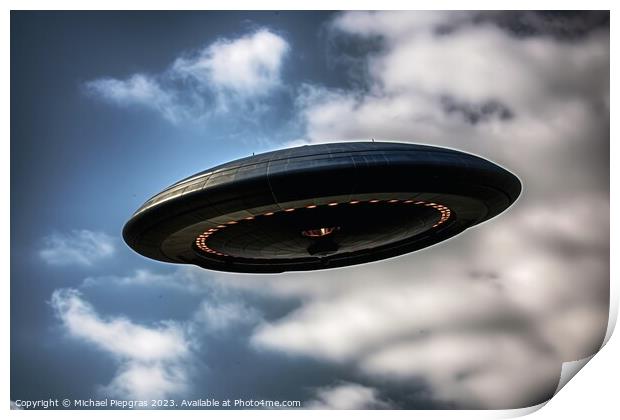 A big UFO in the sky created with generative AI technology. Print by Michael Piepgras