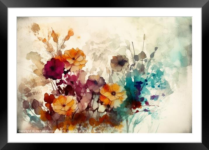 Abstract artwork of flowers in watercolor style with a paper tex Framed Mounted Print by Michael Piepgras