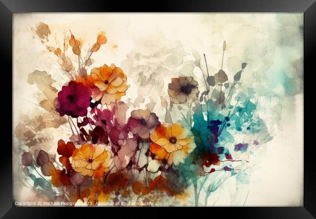 Abstract artwork of flowers in watercolor style with a paper tex Framed Print by Michael Piepgras