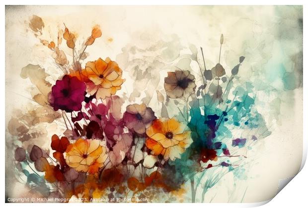Abstract artwork of flowers in watercolor style with a paper tex Print by Michael Piepgras