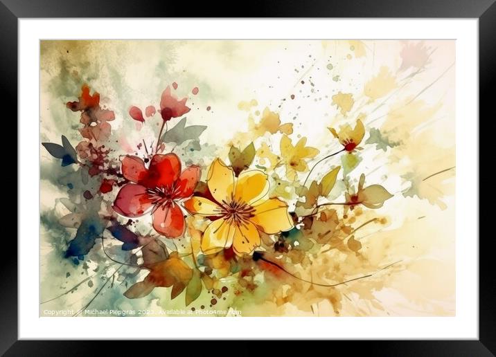 Abstract artwork of flowers in watercolor style with a paper tex Framed Mounted Print by Michael Piepgras