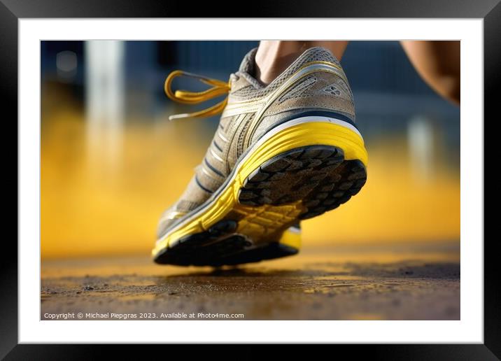 Close up of a human sport shoes on a sports field created with g Framed Mounted Print by Michael Piepgras