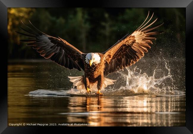 Eagle catching fish in a lake created with generative AI technol Framed Print by Michael Piepgras