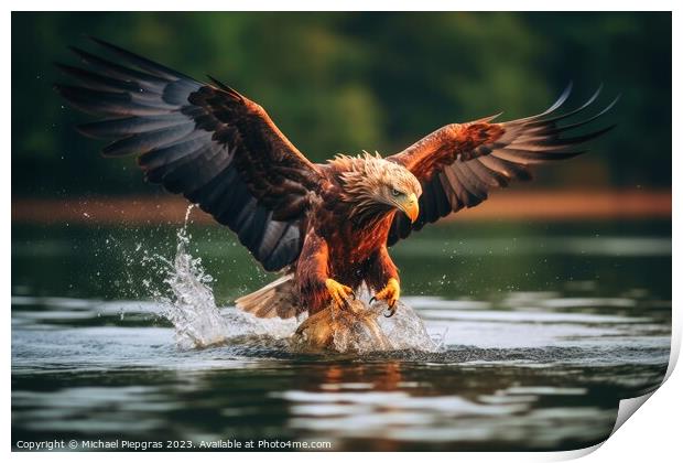 Eagle catching fish in a lake created with generative AI technol Print by Michael Piepgras