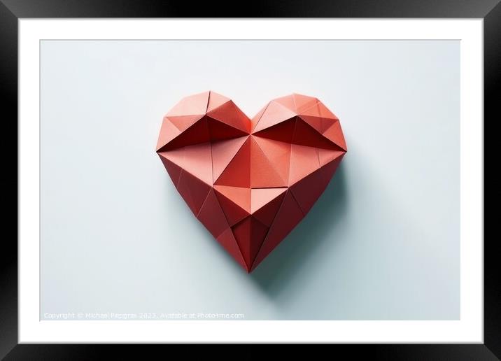 Heart shaped origami in red color created with generative AI tec Framed Mounted Print by Michael Piepgras