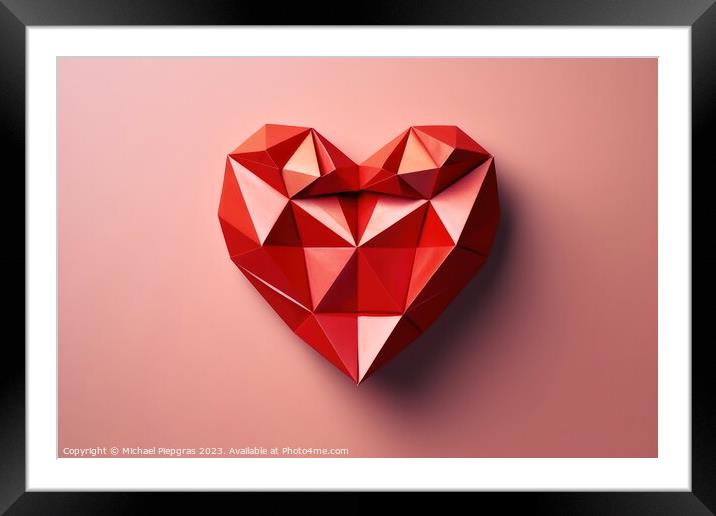 Heart shaped origami in red color created with generative AI tec Framed Mounted Print by Michael Piepgras
