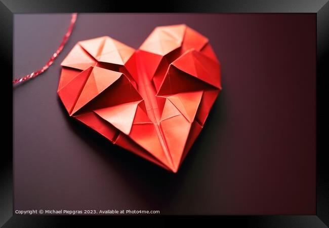 Heart shaped origami in red color created with generative AI tec Framed Print by Michael Piepgras
