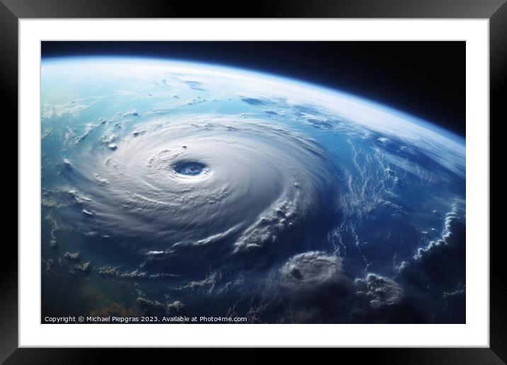 Looking from space on a hurricane on planet earth created with g Framed Mounted Print by Michael Piepgras