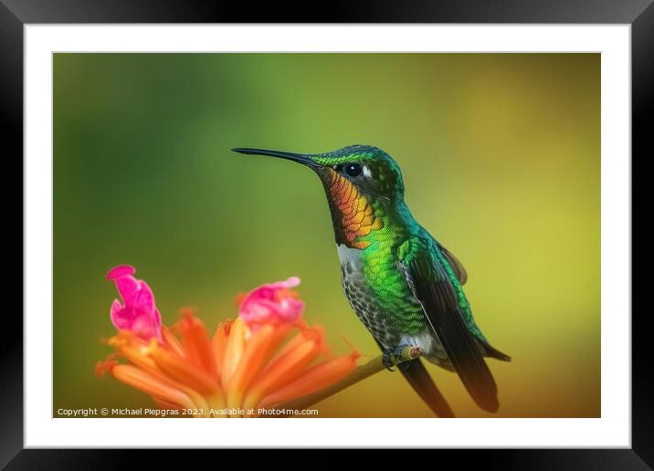 Portrait of a Green Hummingbird on a Flower created with generat Framed Mounted Print by Michael Piepgras