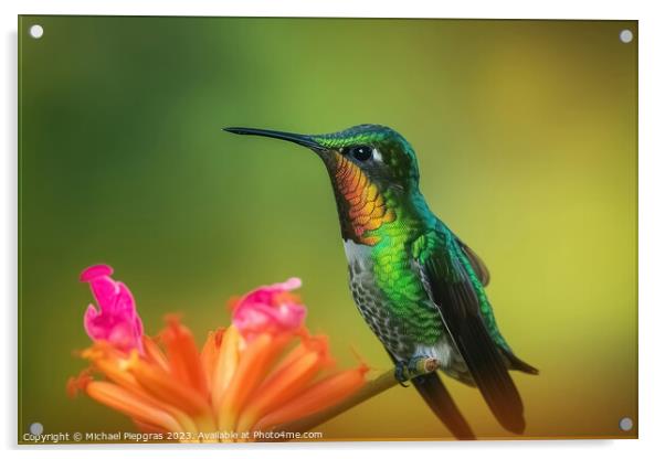 Portrait of a Green Hummingbird on a Flower created with generat Acrylic by Michael Piepgras