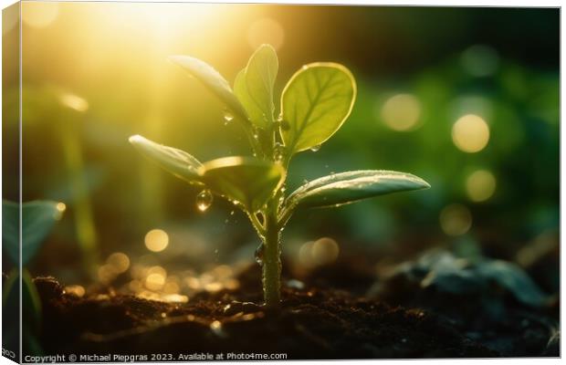 Seedling in dark soil with a drop of water in the sunlight creat Canvas Print by Michael Piepgras