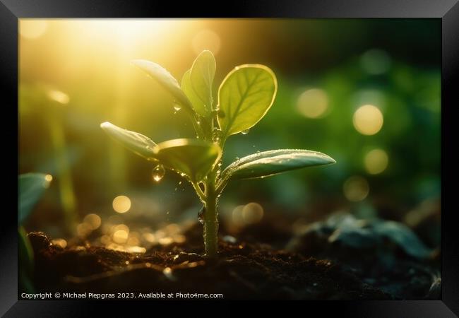 Seedling in dark soil with a drop of water in the sunlight creat Framed Print by Michael Piepgras
