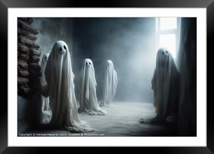 Spooky ghost creatures coming out of the wall created with gener Framed Mounted Print by Michael Piepgras