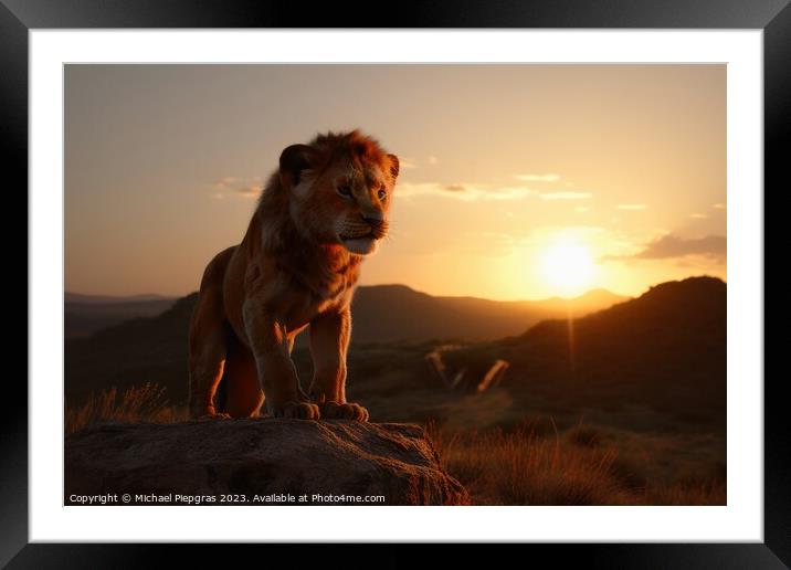 The Lion King sunset view created with generative AI technology. Framed Mounted Print by Michael Piepgras