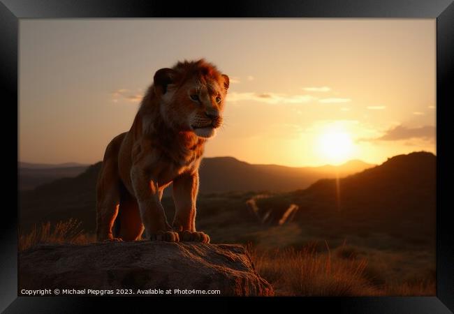 The Lion King sunset view created with generative AI technology. Framed Print by Michael Piepgras