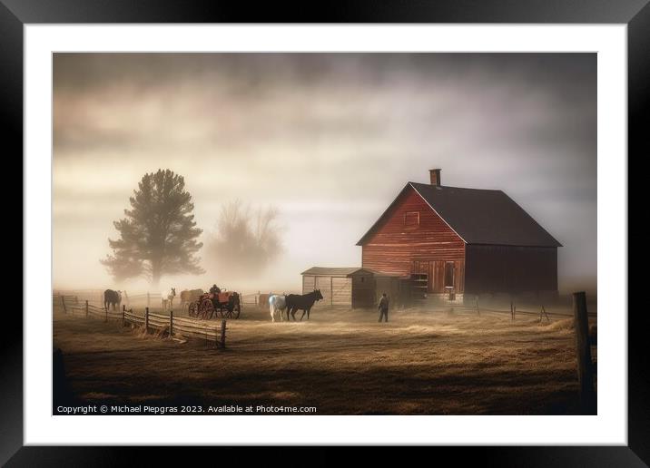 Working on a farm created with generative AI technology. Framed Mounted Print by Michael Piepgras