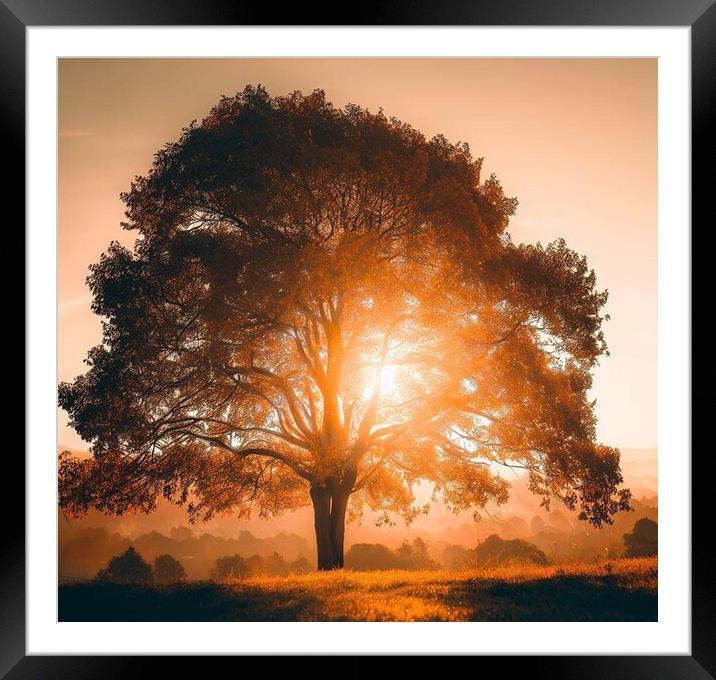 A tree in front of a sunset Framed Mounted Print by Paddy 
