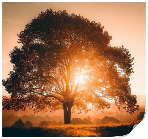 A tree in front of a sunset Print by Paddy 