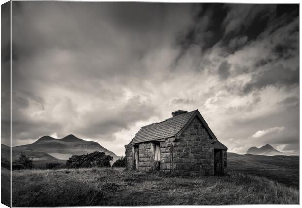 Bothy and Mountains Canvas Print by Dave Bowman