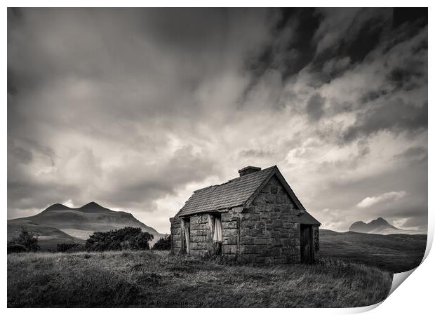 Bothy and Mountains Print by Dave Bowman