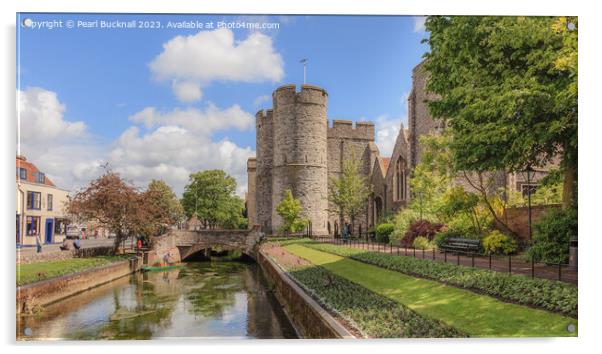 River Stour and Westgate towers Canterbury Kent pa Acrylic by Pearl Bucknall