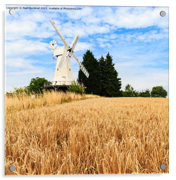 Barley and Woodchurch Windmill in Kent Countryside Acrylic by Pearl Bucknall