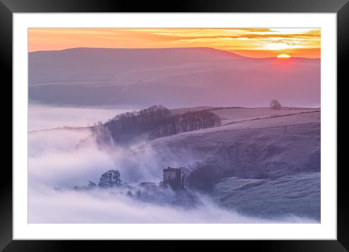 Peveril Castle at sunrise over fog. Peak District Framed Mounted Print by John Finney