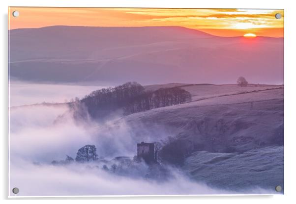 Peveril Castle at sunrise over fog. Peak District Acrylic by John Finney