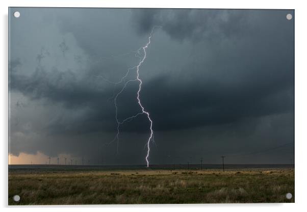 Lightning over a wind-farm in New Mexico. Acrylic by John Finney