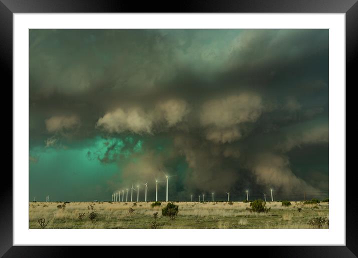 Spectacular Supercell over a windfarm. New Mexico. Framed Mounted Print by John Finney