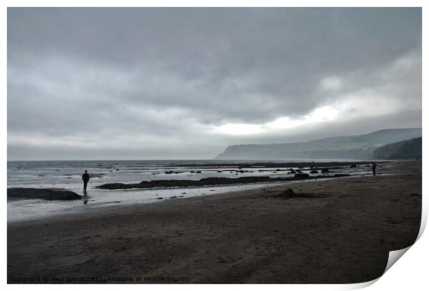 Beach with storm clouds, Robin Hood’s Bay Print by Paul Boizot