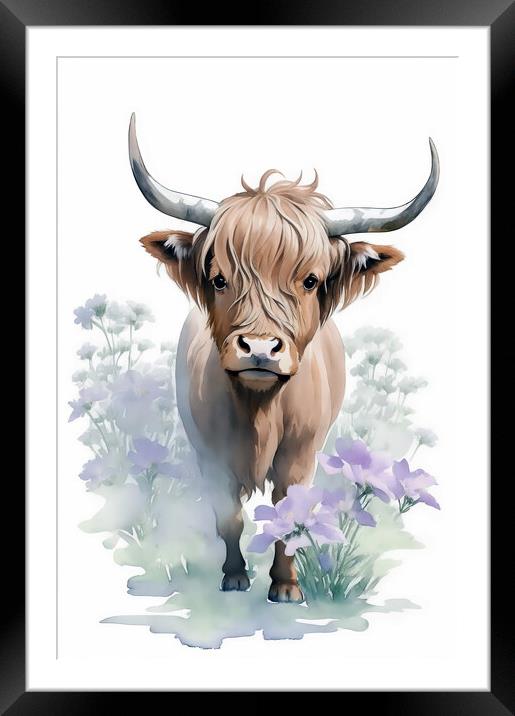 Curious Scottish Highland Cow Framed Mounted Print by AI Creations