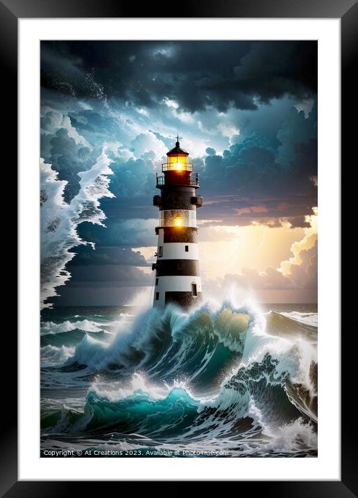 A Stormy Night By The Lighthouse Framed Mounted Print by AI Creations
