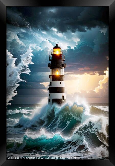 A Stormy Night By The Lighthouse Framed Print by AI Creations