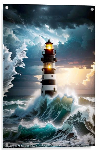 A Stormy Night By The Lighthouse Acrylic by AI Creations
