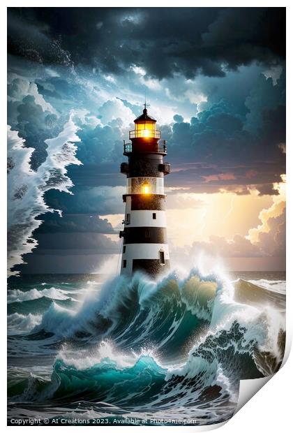 A Stormy Night By The Lighthouse Print by AI Creations