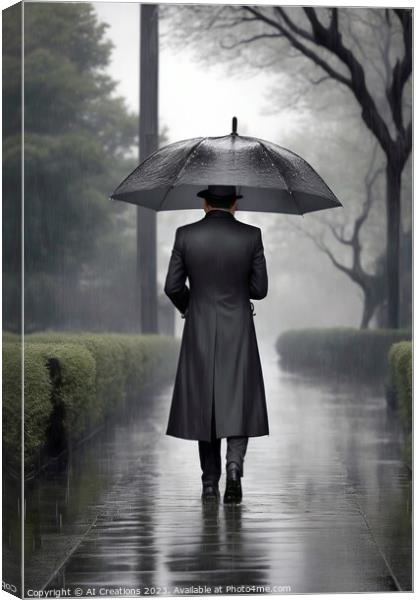 A Lonely Man Walking In The Rain Canvas Print by AI Creations