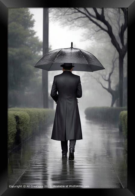 A Lonely Man Walking In The Rain Framed Print by AI Creations