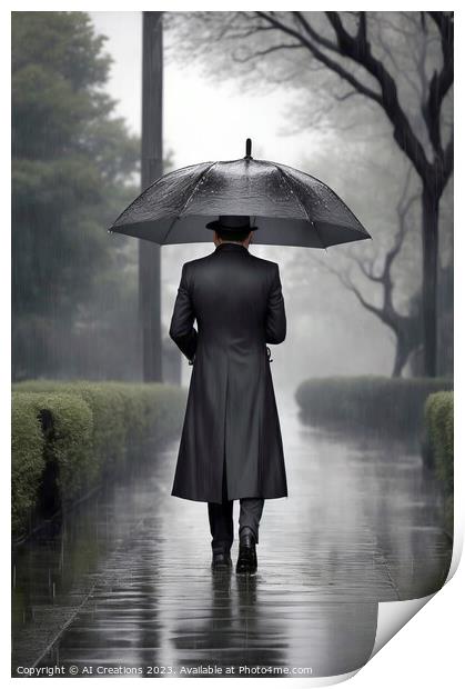 A Lonely Man Walking In The Rain Print by AI Creations