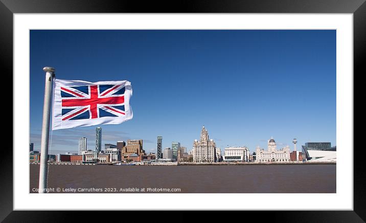 Union Jack on Liverpool sky line  Framed Mounted Print by Lesley Carruthers
