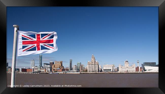 Union Jack on Liverpool sky line  Framed Print by Lesley Carruthers
