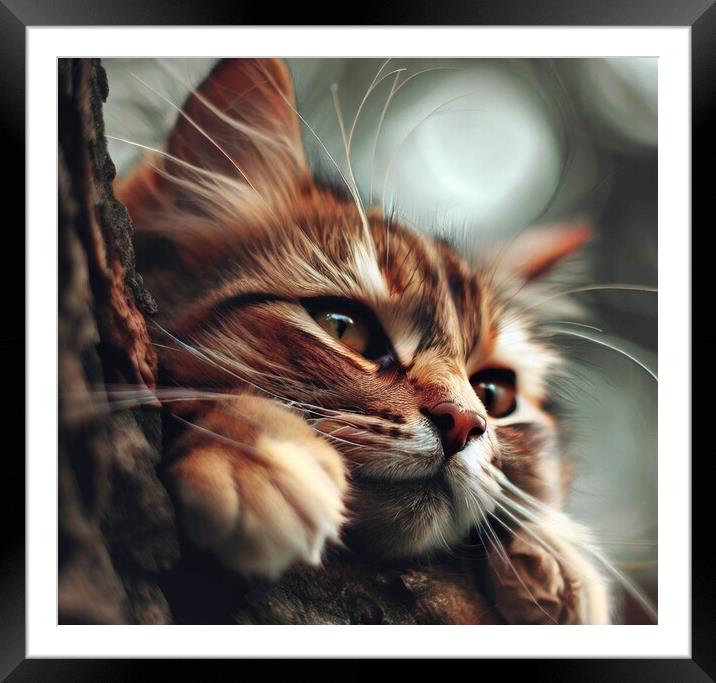 A cat sitting on a tree Framed Mounted Print by Paddy 